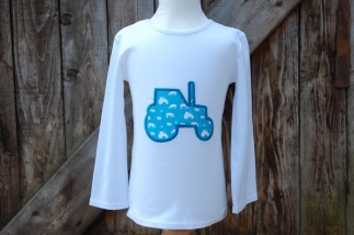 Applique Tractor Long Sleeved Tee White/Turquoise
