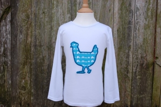 Applique Chicken Long Sleeved Tee White/Turquoise